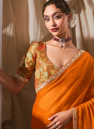 Orange Fancy Fabric Patch Border, Embroidered and Zari Work Traditional Saree