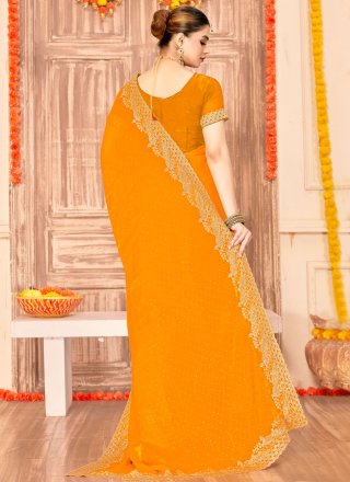 Orange Fandy Contemporary Sari with Embroidered, Swarovski and Zari Work