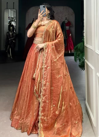 Orange Fandy Plain Work A - Line Lehenga Choli for Ceremonial