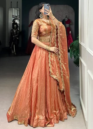 Orange Fandy Plain Work A - Line Lehenga Choli for Ceremonial