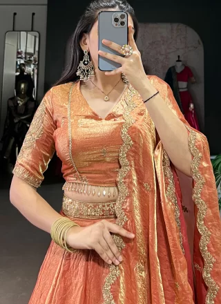 Orange Fandy Plain Work A - Line Lehenga Choli for Ceremonial