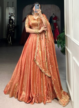 Orange Fandy Plain Work A - Line Lehenga Choli for Ceremonial