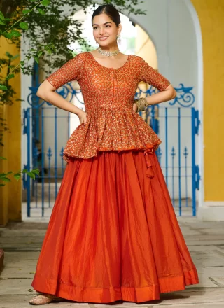 Orange Fandy Readymade Lehenga Choli In Plain