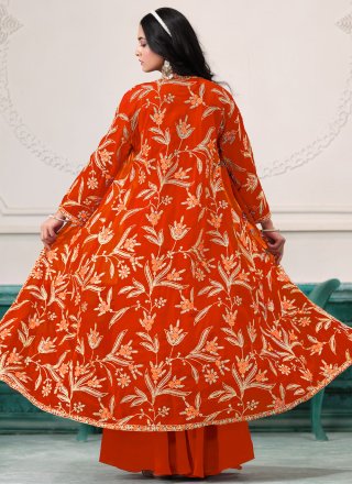 Orange Faux Georgette Embroidered and Zari Work Readymade Salwar Suit