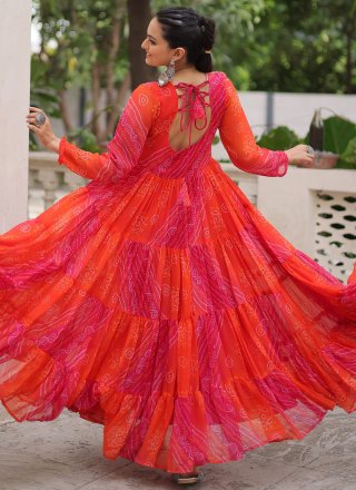 Orange Faux Georgette Gown with Bandhej, Patch Border and Print Work