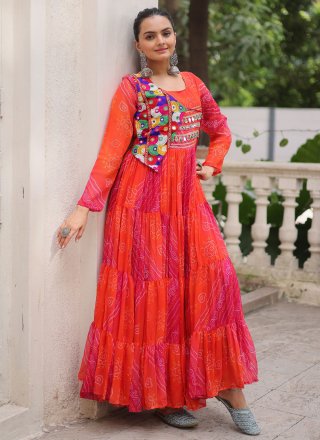 Orange Faux Georgette Gown with Bandhej, Patch Border and Print Work