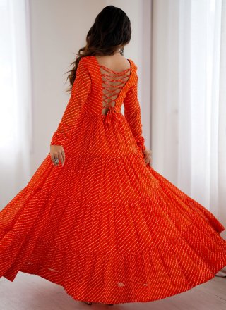 Orange Faux Georgette Gown with Gamthi and Print Work
