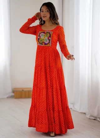 Orange Faux Georgette Gown with Gamthi and Print Work