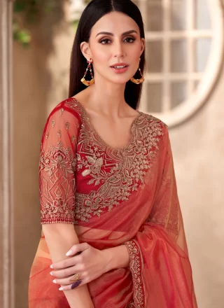 Orange Faux Georgette Patch Border and Embroidered Work Trendy Saree for Women