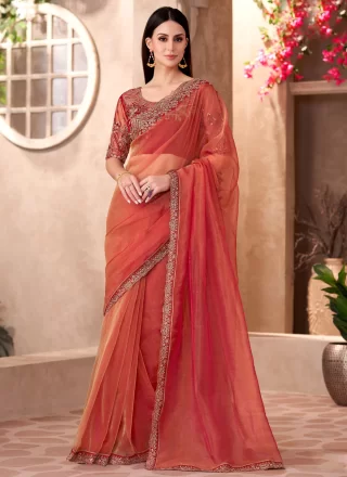 Orange Faux Georgette Patch Border and Embroidered Work Trendy Saree for Women