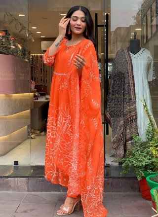 Orange Faux Georgette Salwar Suit with Embroidered and Print Work for Ceremonial