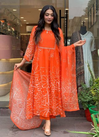 Orange Faux Georgette Salwar Suit with Embroidered and Print Work for Ceremonial