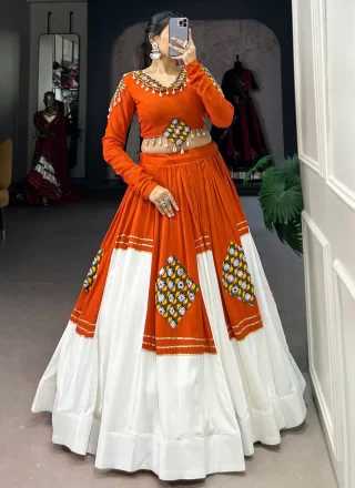 Orange Gamthi and Patch Border Work Rayon Readymade Lehenga Choli