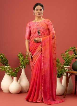 Orange Georgette Contemporary Saree with Digital Print Work