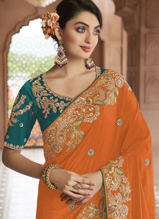 Orange Georgette Cord, Embroidered, Sequins, Stone and Thread Work Trendy Saree