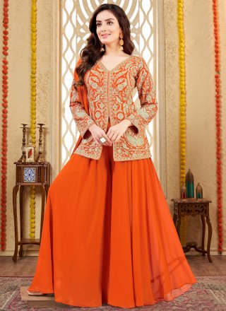 Orange Georgette Embroidered and Zari Work Sharara Set