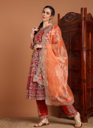 Orange Georgette Embroidered, Mirror and Sequins Work Pant Style Suit