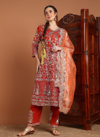 Orange Georgette Embroidered, Mirror and Sequins Work Pant Style Suit