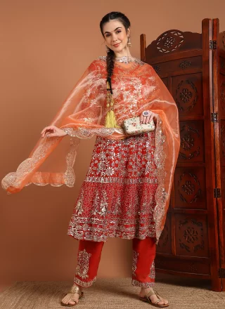 Orange Georgette Embroidered, Mirror and Sequins Work Pant Style Suit
