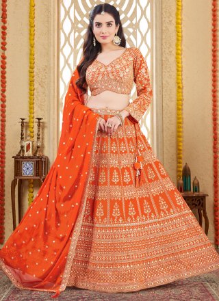 Orange Georgette Embroidered Work Readymade Lehenga Choli for Engagement