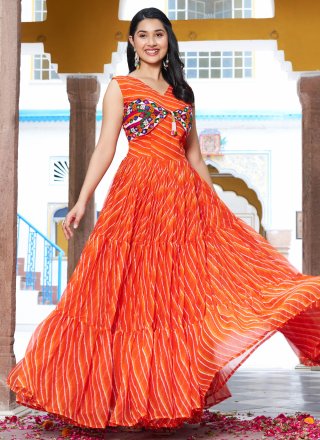 Orange Georgette Gamthi, Mirror and Strips Print Work Designer Gown