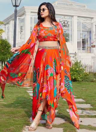 Orange Georgette Readymade Lehenga Choli with Foliage Print Work for Women