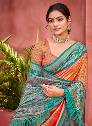 Orange Kanjivaram Silk Weaving Work Contemporary Saree