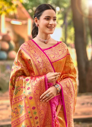 Orange Kanjivaram Silk Weaving Work Trendy Saree for Ceremonial