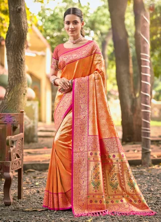 Orange Kanjivaram Silk Weaving Work Trendy Saree for Ceremonial
