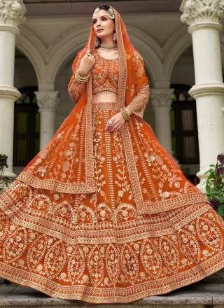 Orange Net Embroidered Work Lehenga Choli for Ceremonial