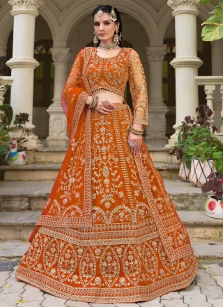 Orange Net Embroidered Work Lehenga Choli for Ceremonial