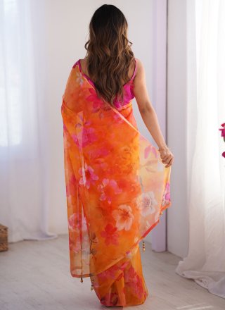 Orange Organza Trendy Saree with Print Work