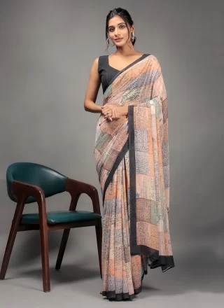 Orange Print Work Georgette Classic Saree