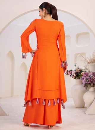 Orange Rayon Designer Kurti with Embroidered and Mirror Work