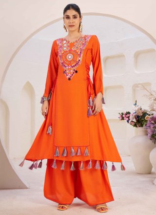 Orange Rayon Designer Kurti with Embroidered and Mirror Work