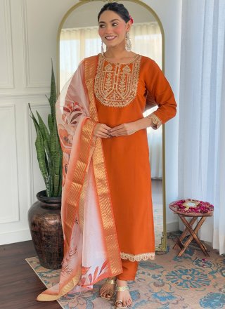 Orange Rayon Embroidered and Print Work Salwar Suit for Engagement