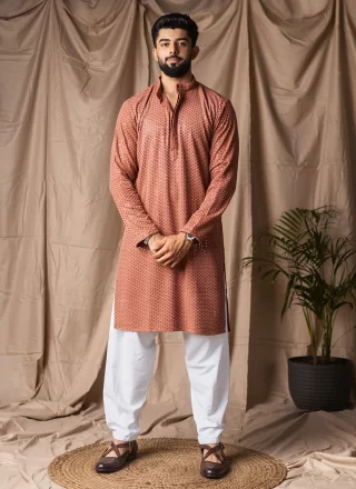 Orange Rayon Embroidered and Thread Work Kurta Pyjama