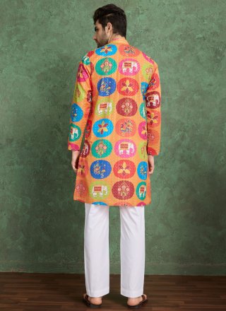 Orange Rayon Kurta Mens Wear with Fancy, Print and Zari Work