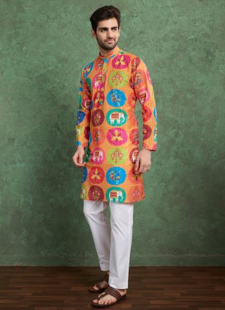 Orange Rayon Kurta Mens Wear with Fancy, Print and Zari Work