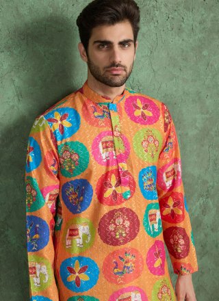Orange Rayon Kurta Mens Wear with Fancy, Print and Zari Work
