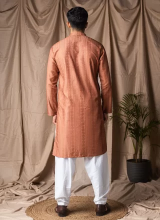 Orange Rayon Kurta Pyjama with Embroidered and Thread Work