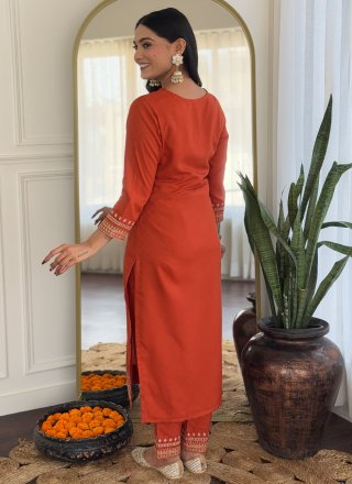 Orange Rayon Readymade Salwar Suit with Embroidered Work