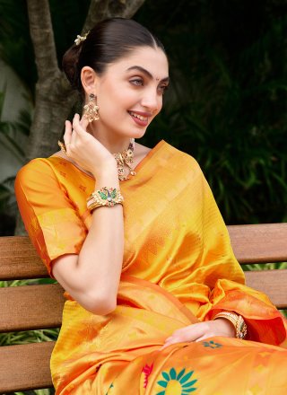 Orange Silk Blend Floral Patch and Weaving Work Contemporary Sari for Ceremonial