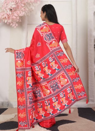 Orange Silk Blend Print Work Contemporary Saree