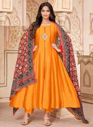 Orange Silk Embroidered and Lace Work Readymade Style for Women