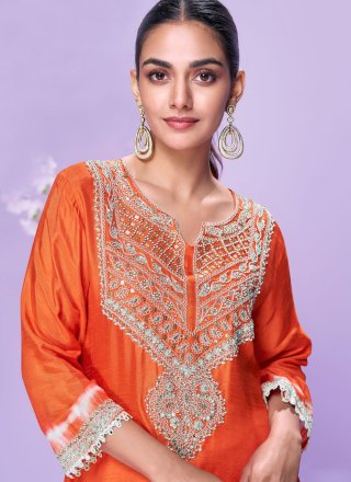 Orange Silk Embroidered and Zari Work Designer Kurti