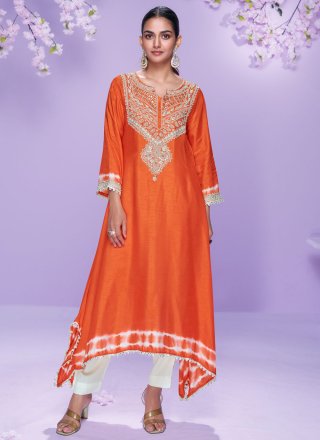 Orange Silk Embroidered and Zari Work Designer Kurti