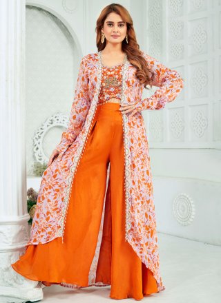Orange Silk Embroidered, Mirror and Thread Work Palazzo Salwar Suit for Ceremonial