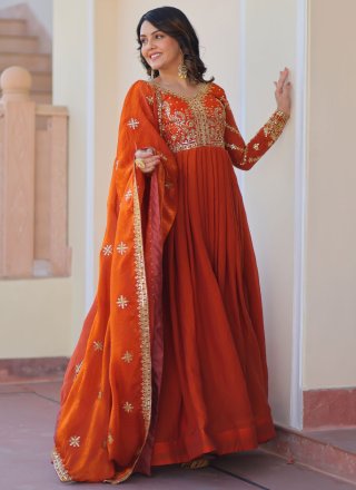 Orange Silk Embroidered, Sequins and Zari Work  Designer Gown for Ceremonial