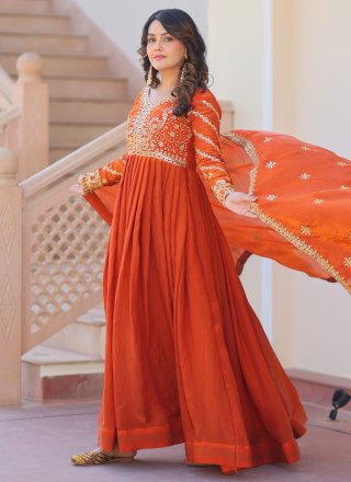 Orange Silk Embroidered, Sequins and Zari Work  Designer Gown for Ceremonial